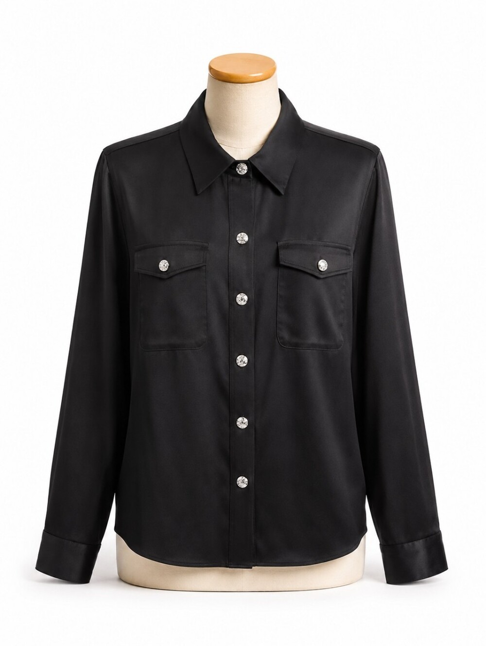 WHBM Women's Black Satin Snap Front Long Sleeve Blouse Sz M Career Old Money
